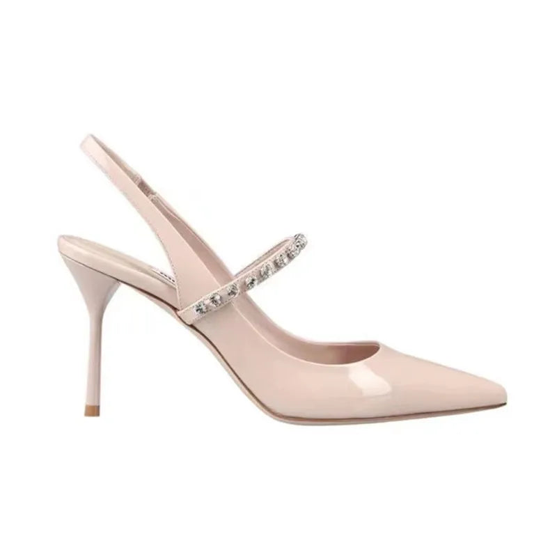 Size 34 45 Women's Diamond Bao Head Sandals 2025 New Thin Heel Pointed Sheepskin Leather High Heels Women's Wedding Shoes