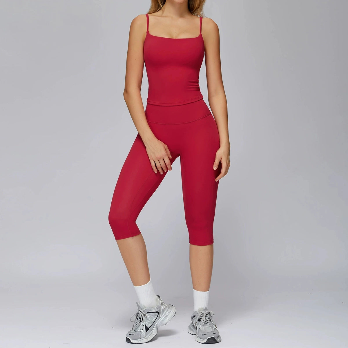 2 Pieces Yoga Set Women Sports Shirts Workout Top Fitness Suits Outdoor Gym Running Mid-length Pants Workout Clothes Tracksuits