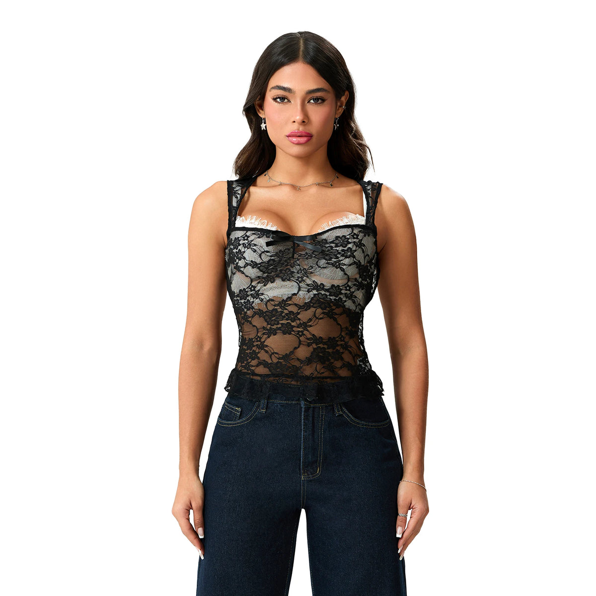Women Solid Color Halter Neck Tank Tops Slim Bow See Through Sleeveless Open Back Crop Lace Vest Summer Streetwear