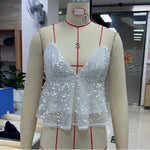 Sexy Sequined Camis Tops Women Sequin Spaghetti Strap Tops Sparkly V Neck Sleeveless Backless Ruffle Crop Tops Trendy Streetwear