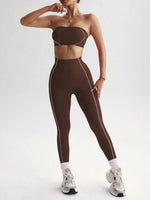 Women Strapless Bandeau Sports Bra Seamless High Waist Yoga Leggings Set Padded Workout Fitness Gym 2 Piece Outfits
