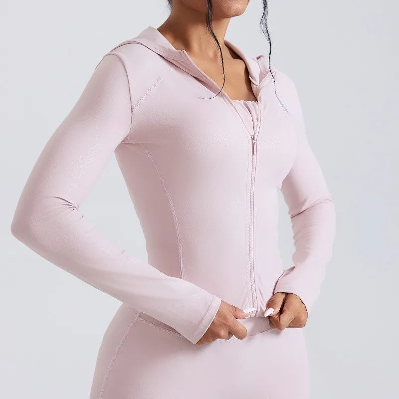 Women's Nude Faux Leather Yoga Top Windproof Tight Fitting Slimming Waist Cinching Zipper Sports Jacket Outdoor and Fitness Top