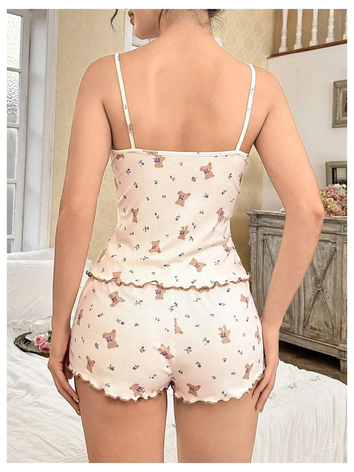 Y2K Cute Teddy Bear Ribbed Pajama Set Womens Cami Top and Shorts Two Piece Loungewear Lace Trim Lettuce Hem Sleepwear Bow New