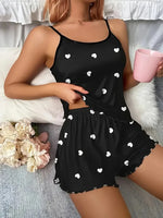 Summer Sleepwear Women's Two-Piece Pajama Sets Suspender Heart Printed Top and Shorts Casual Home Clothes Loungewear