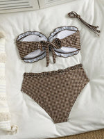 Vintage Coffee Plaid Print Bikini Set Women Bandeau Front Tie Push Up Bra High Waist Swimwear 2026 Beach Bathing Suit Swimsuit