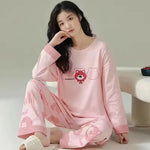 Cotton High Quality Large Size Ladies Autumn Winter Pajamas Women Pullover Long-Sleeved Cartoon School Homewear Green 2PCS/Set