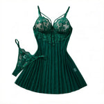 Green Daisy Floral Lace Sheer Mesh Babydoll Lingerie Set Slip Nightdress With Matching Thong Women Sexy Sleepwear ZA825096