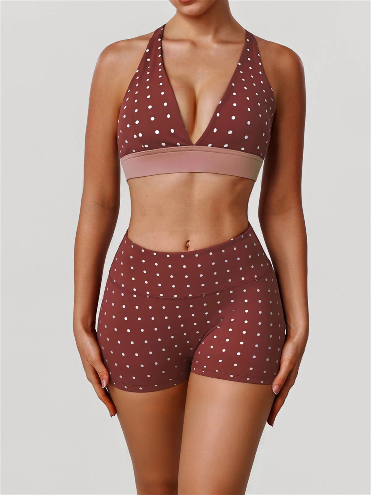 Summer Red Polka Dot Print Yoga Sets Women V Neck Shockproof Sports Bra High Elasticity Hip Lifting Shorts Running Fitness Suits