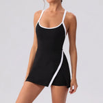 Color Contrast Tennis Dresses Women Beautiful Back Hollow Back Cross Split Skirt Pocket Sports Fitness One-piece Yoga Golf Suit