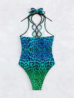 Sexy Hollow Out One Piece Swimsuit 2025 Women Blue Leopard Print Gradient Bandage Backless Bikini Bathing Suit Thong Swimwear