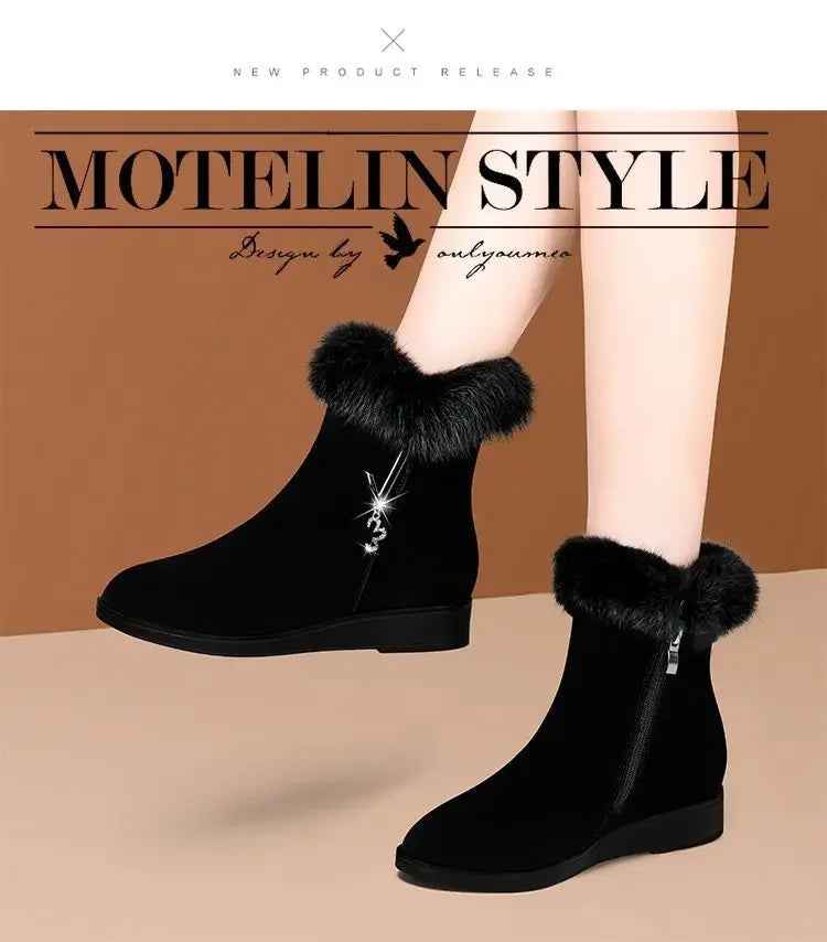 Plush Womens Boots Comfortable Hick-soled Fur Shoes Fashion Ladies Shoes Zipper Women Vulcanized Shoes Anti-slip Chaussure Femme