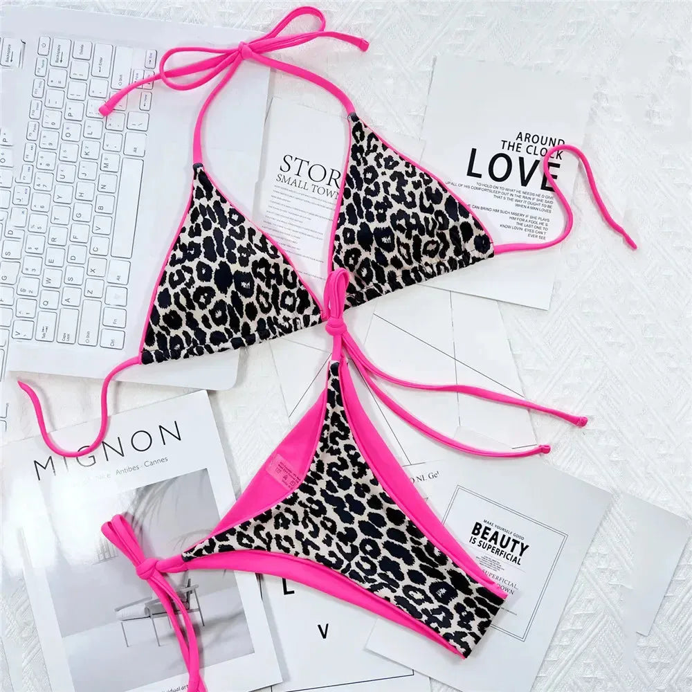 Pink Leopard Print Swimwear String Halter Triangle Bikini Set Micro Thong Sexy Swimsuit Women 2026 Bating Suit Bikinis De Mujer