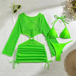 DEKA Women Solid Bikini Set Halter Bra Lace-up Swimsuit Set With Mesh Yarn Cover Up Dress KnittedLong Sleeve Boho Swimwear