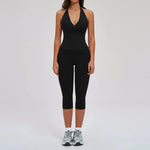 2PCS Workout Set Women Yoga Sets V Neck Cross Slim Sports Tank Top Athletic Wear Outdoor Tight High Waist Leggings Fitness Suits