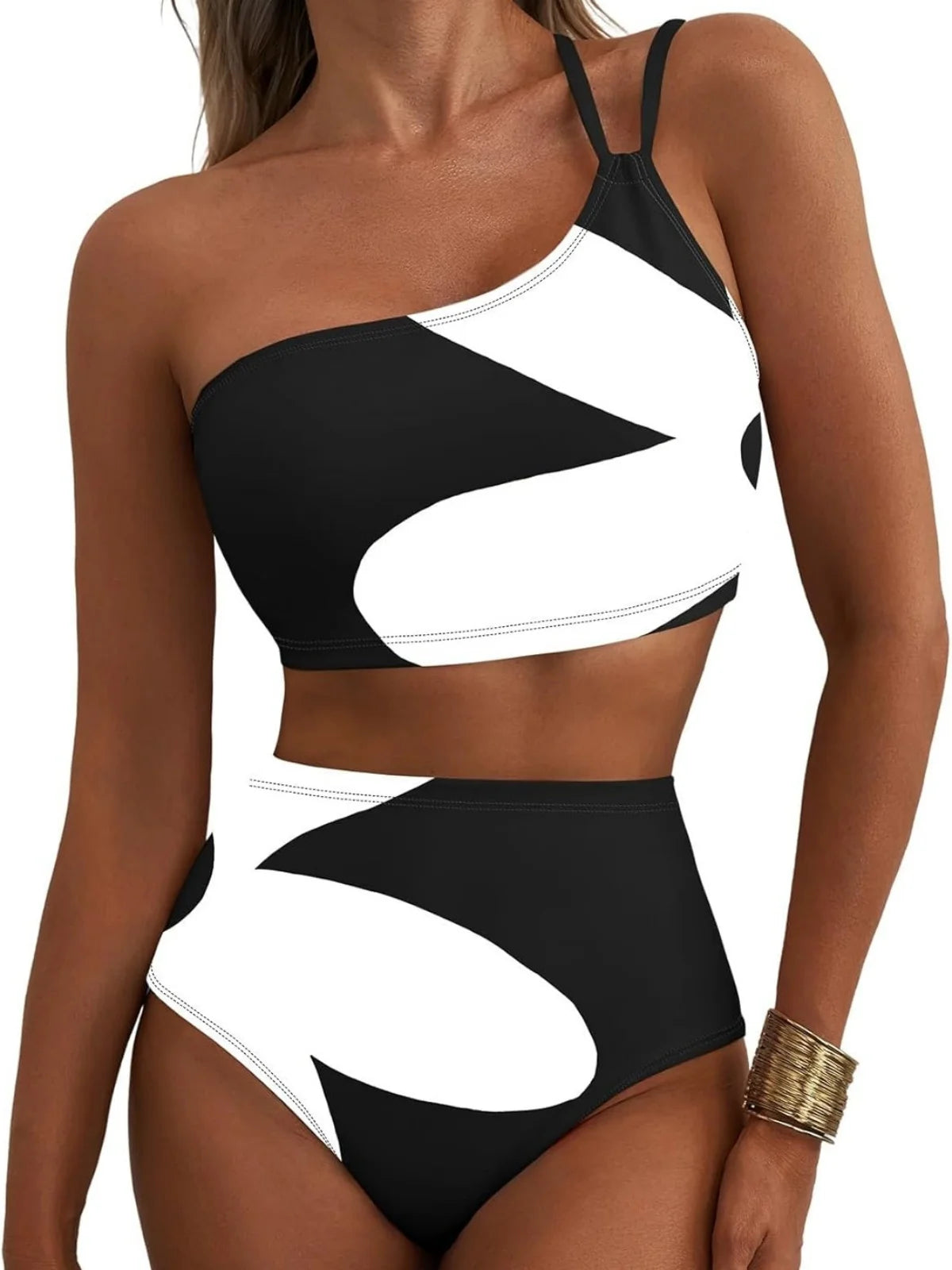 Sexy One Shoulder Swimwear Women 2026 Black White Patchwork Push Up Bra High Waist Swimsuit Beach Bathing Suit Holiday Bikini