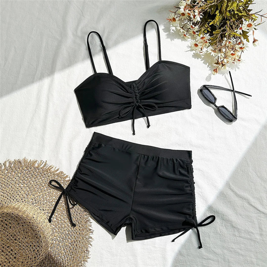 Wrinkled Knotted Shorts High Waist Bikini Female Swimsuit Women Swimwear Two-Pieces Bikini Set Bather Bathing Suit Swim V6197
