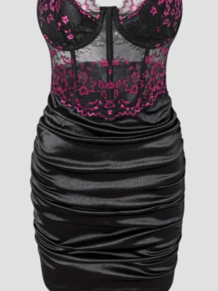 Hot Girls Slim Spaghetti Strap Mini Dresses Women Sexy See Through Flower Lace Fold Package Hip Bodycon Short Dress Club Vestido