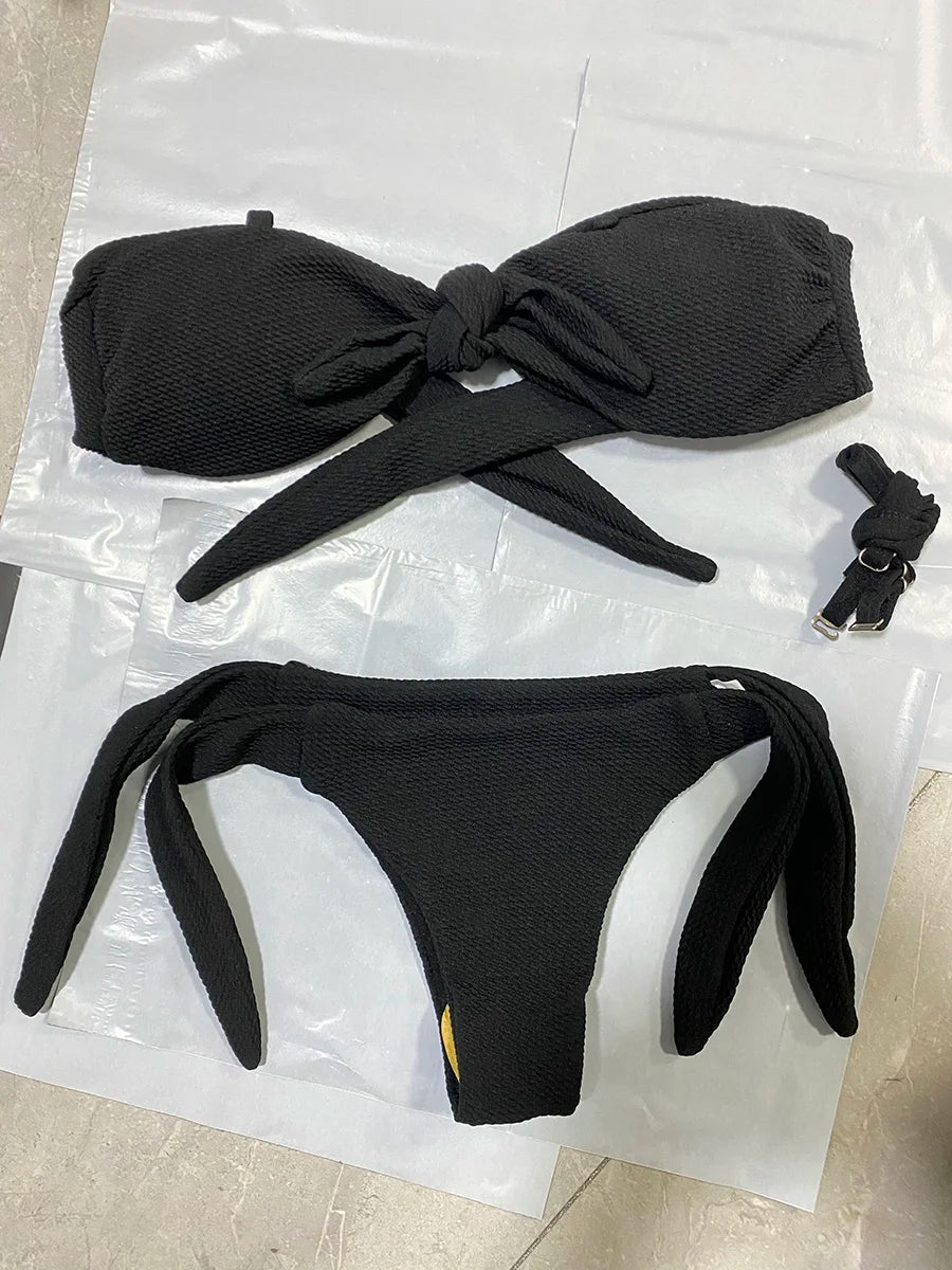 Ribbed Knotted Polka Dot Bikini 2025 Women Strapless Bandeau Swimsuit Female Swimwear Two Pieces Bikini Set Bathing Suit Swim