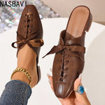 2026 New Retro Summer Brown Women's Slippers Thick Low Heels Square Head Lace Up Ladies Comfortable Outdoor Beach Sliders 35-45