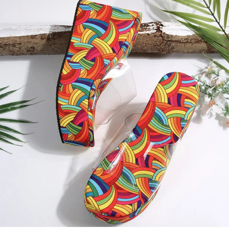 Summer Transparent Platform Heels Slippers for Women Mixed Color Wedge Slippers Woman Outdoor Open Toes Woman Slides