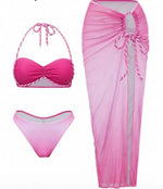 Sexy Pink Gradient Swimwear Women 2026 Pleate Push Up Drawstring Side Long Skirt 3 Piece Bikini Set Beach Bathing Suit Swimsuit