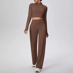 2 Pcs Women's Seamless Yoga Set Long-sleeved Wide-leg Pants Tracksuit Fitness Sports Set High-waisted Hip-lifting Slim-fit Suit