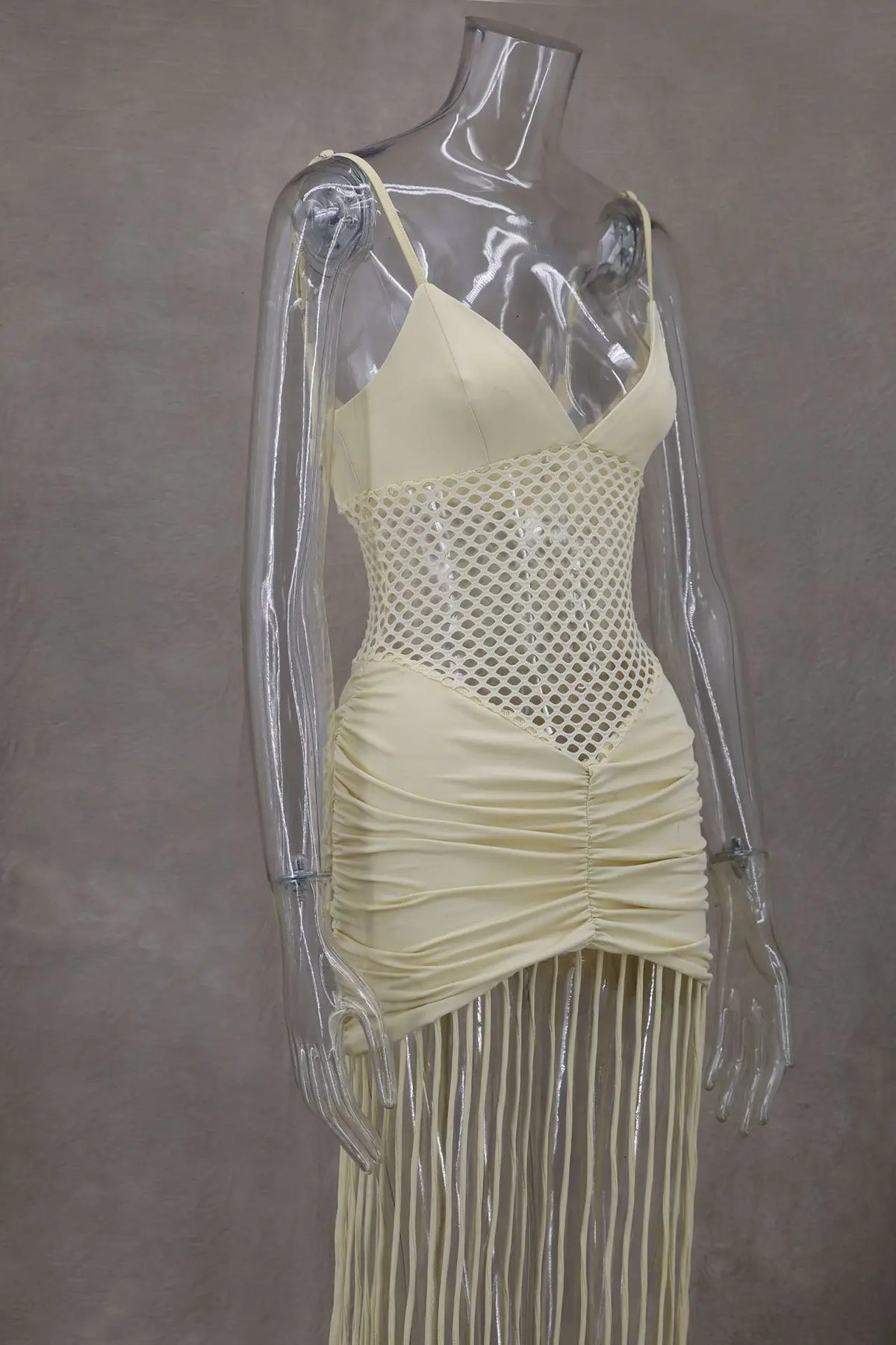 Tassel Hem Splicing Sling Dress Women Sexy Waist Hollow Out Stretch Pleated Bodycon Dresses Female Solid Summer Beach Party Robe
