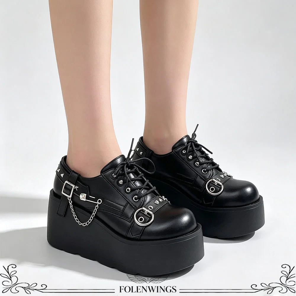 New Arrival Gothic Black Rivets Platform Creepers Shoes White Chain Decor Goth Creepers Chunky Lace Up Lolita Casual Shoes
