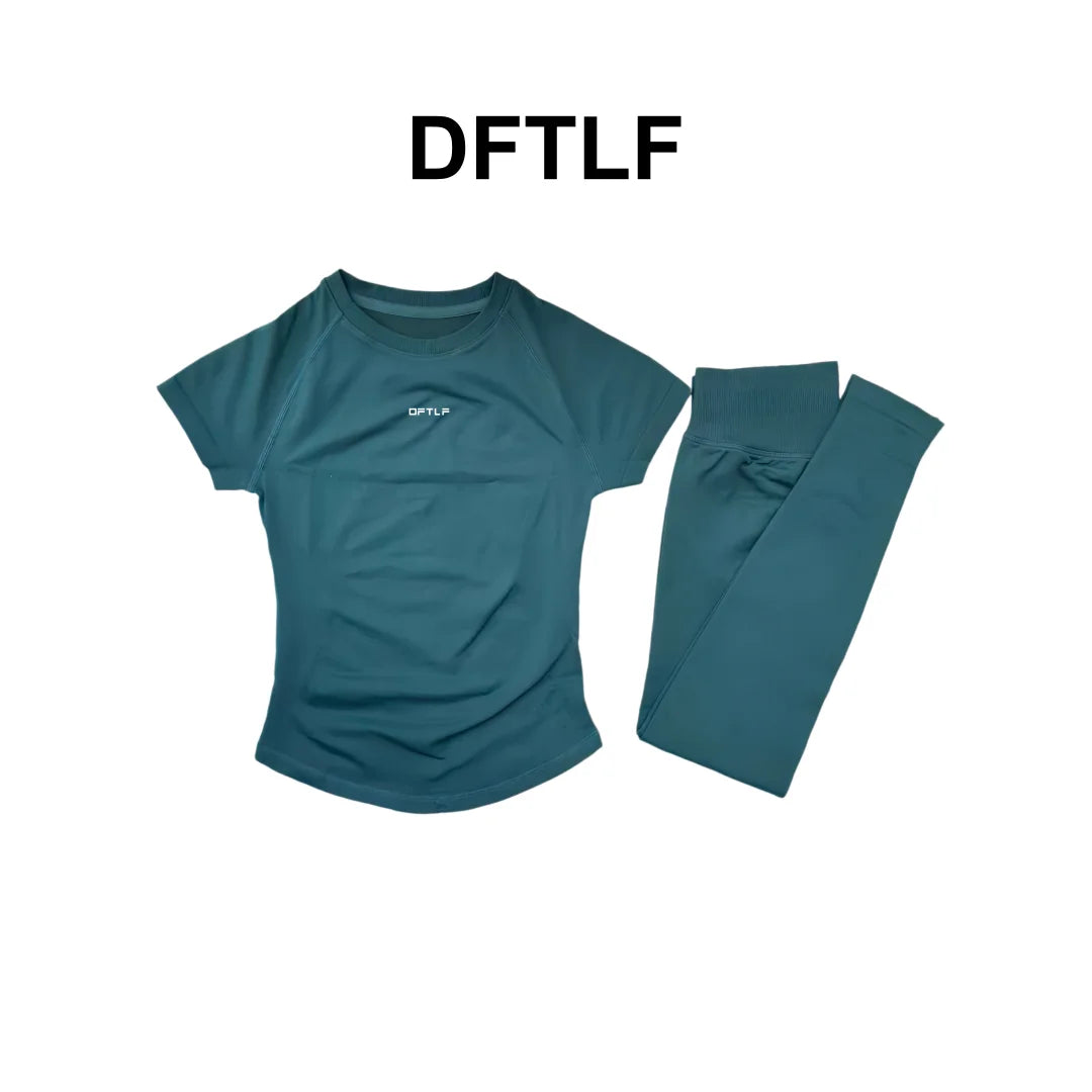 DFTLF 2 Pieces Women Yoga Set Slim Short Sleeve Top High Waist Leggings Seamless Workout Gym Fitness Quick Dry Sportswear Suit