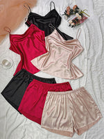 Large size pajamas, camisole shorts set, fashionable ice silk home clothes, women's simple simulated silk pajamas