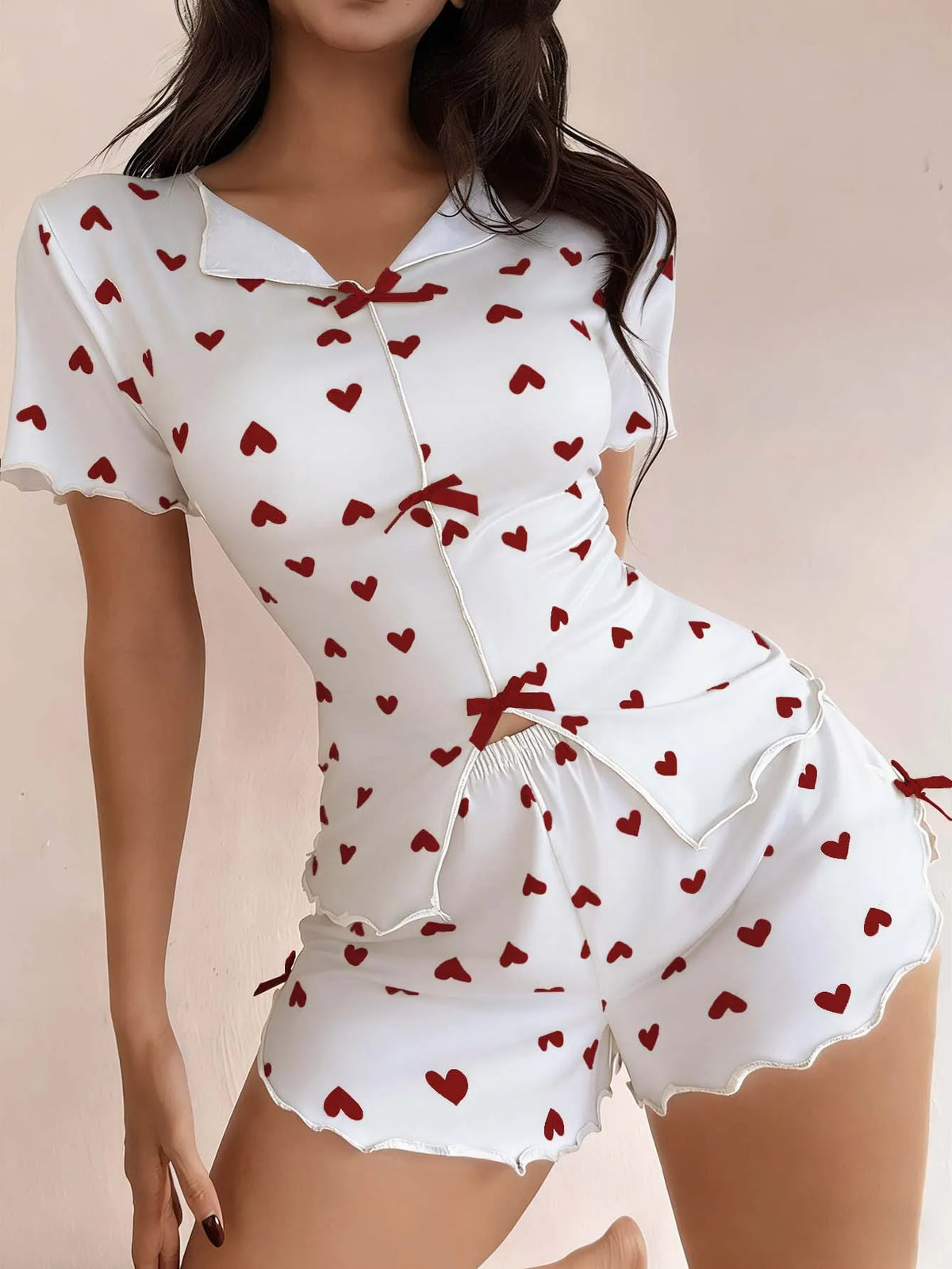 Women's Sleepwear Pajama Set Top and Shorts 2-piece Pajama Set Love Printed Lapel Bow Women's Loungewear