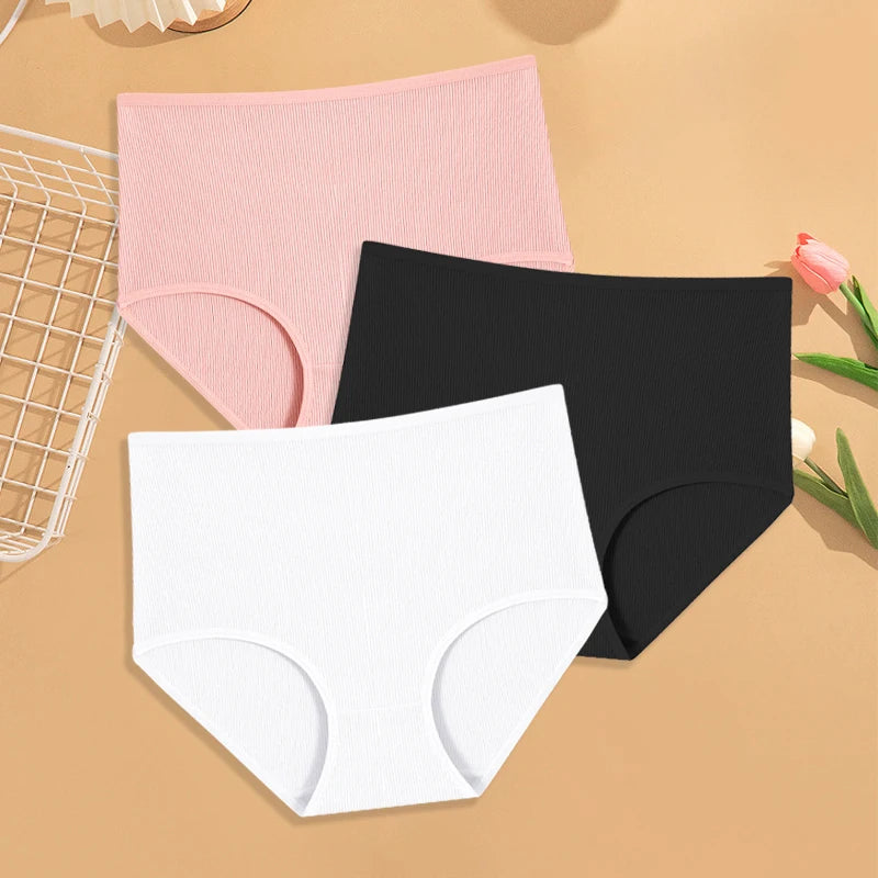 3Pcs women cotton High Waist underwear breathable Striped Panties Female Plus Size Solid Color Briefs comfortable Lingerie S-XXL