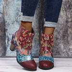 Ankle Boots Women Autumn PU Women's Shoes Ethnic Waterproof Casual Vintage Shoes Zipper High Heel Short Boots Botas Mujer