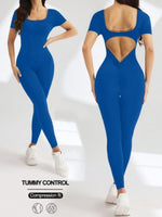 One piece seamless spandex U-neck short sleeved bodysuit with hip lifting, gym clothing, women's fitness jumpsuit