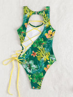 2026 Print Lace Up Back Swimsuit One Piece Solid Swimwear Women Bathing Swimming Suit Female Padded Summer Beachwear Bodysuit