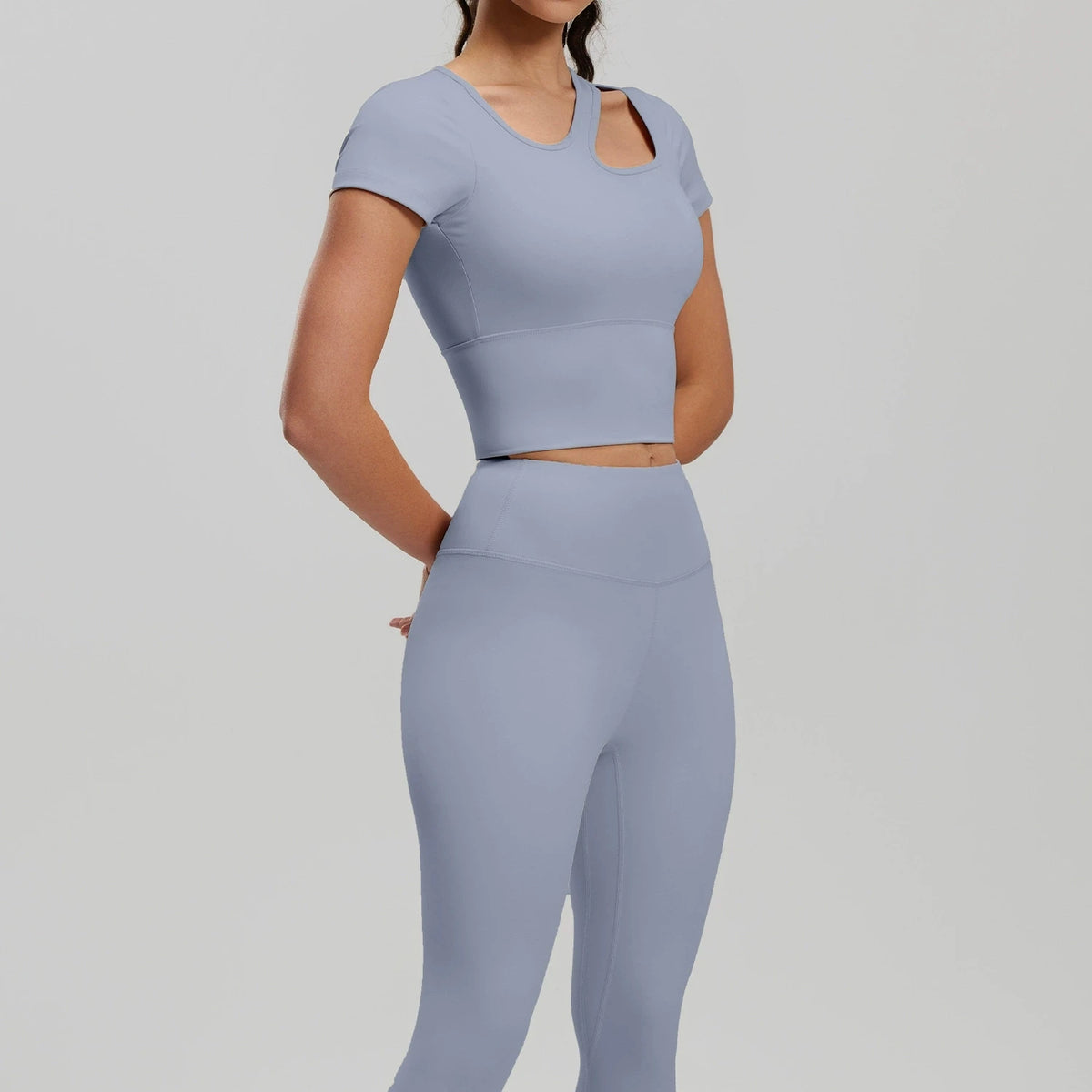 2 Pieces Women Tracksuit Yoga Set Spring Summer Short Sleeve Hollow Out Slim Sports Top High Waist Leggings Running Fitness Suit