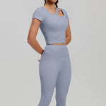 2 Pieces Women Tracksuit Yoga Set Spring Summer Short Sleeve Hollow Out Slim Sports Top High Waist Leggings Running Fitness Suit