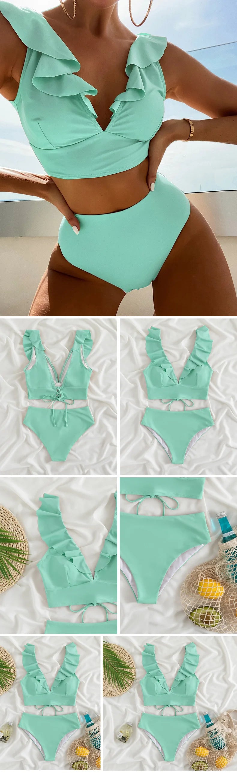 Solid Color Sexy V-neck Ruffle Bikini 2026 Women 2 Piece Swimwear Push Up Padded High Waist Swimsuit Summer Beach Bathing Suit