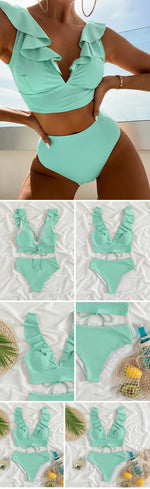 Solid Color Sexy V-neck Ruffle Bikini 2026 Women 2 Piece Swimwear Push Up Padded High Waist Swimsuit Summer Beach Bathing Suit