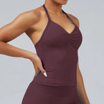 HISTELLO GYM Longline Strappy Top Women Seamless Yoga Clothing With Removable Pads V Neck Open Back Bra Workout Sports Halter