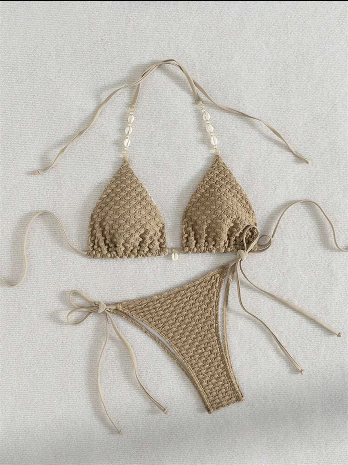 Sexy White Shell String Bikini 2026 Women Luxury Push Up Bra Tie Side Thong Swimsuit Brazilian Beach Bathing Suit Micro Swimwear
