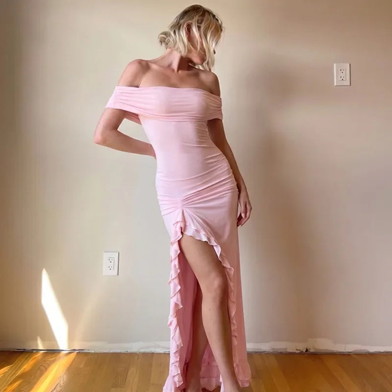 FDYOUI Elegant Slash Neck Ruffles High Slit Long Party Dresses for Women 2026 Summer Sleeveless Bodycon Evening Dress Lady Gowns