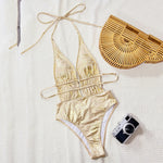 Shiny Gold Halter Backless One Piece Sexy Swimsuit Woman 2026 String Lace-up Swimwear Hollow Out Monokini High Cut Bathing Suit