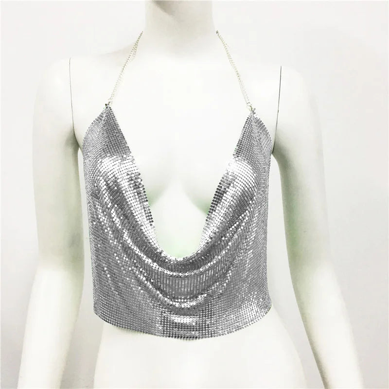 DEKA Bling Bikini Tops Deep V Neck Vest Backless Sequins Women Crop Top Night Club Diamonds Metal Tank Adjustable Halter Shiny
