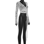 FDYOUI Women's V-neck Long Sleeve Lace T-shirt 2026 Ladies Chic Bandage Lace Tee Shirts Pink Streetwear Girls Slim Crop Tops