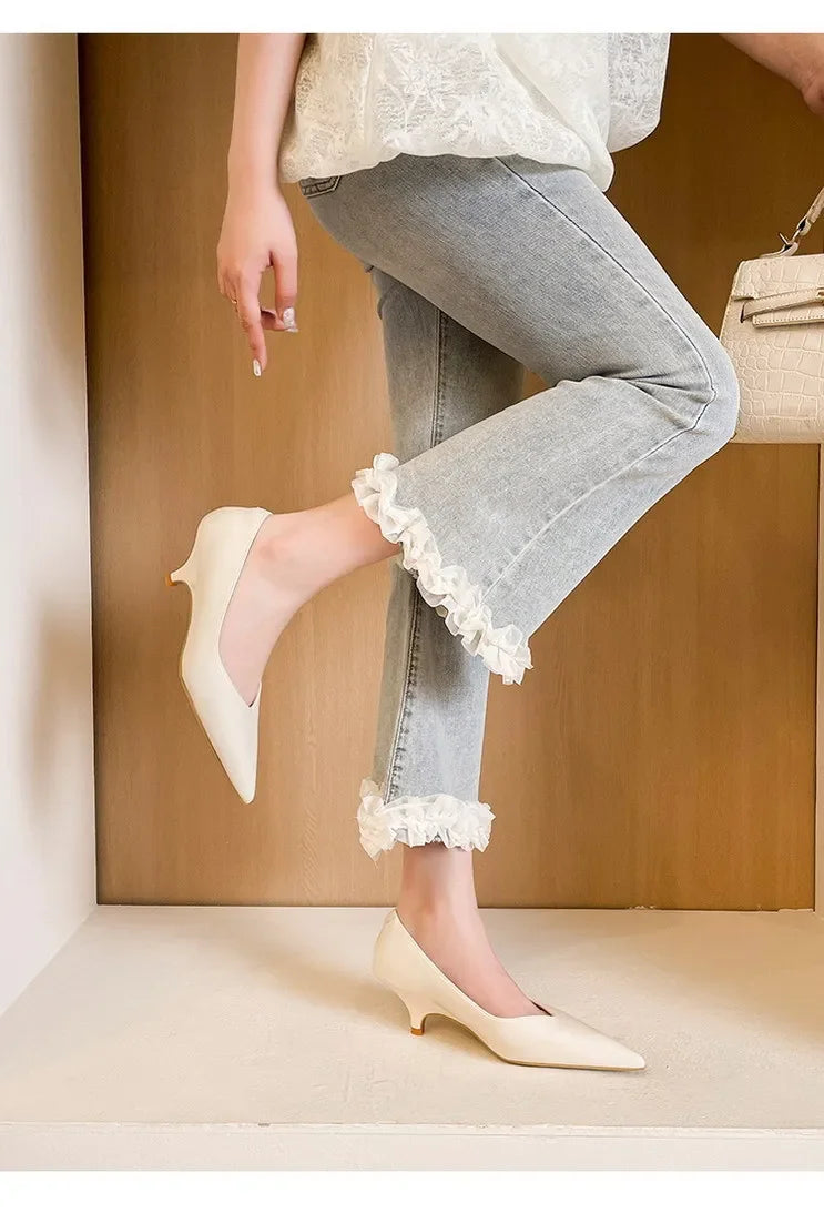 BIGTREE Sexy Classic High Heels Women Pumps Wedding Solid PU 5CM Thin Heels Kitten Heel Office Ladies Slip on Shoes Woman
