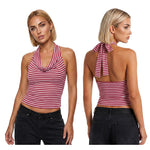 Women Striped Low Cut Tank Tops Slim Fit Cowl Neck Open Back Sleeveless Halter Crop Shirts Trendy Summer Streetwear
