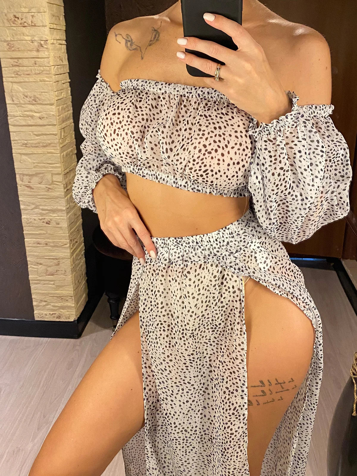 2026 Leopard Off Shoulder Long Sleeve 2 Pieces Set Beach Cover Up Cover-ups Beach Dress Beach Wear Beachwear Female Women V3728