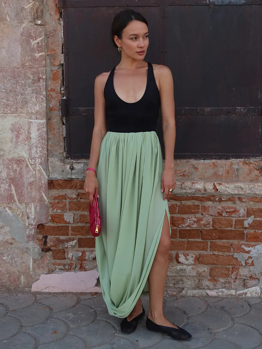 FDYOUI Elegant Solid Color Pleated Skirts for Women 2026 Chic High Slit Long Skirt High Street Office Lady Vacation Party Dress