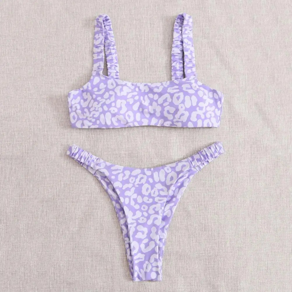 2 Pcs/Set Lady Swimwear Set Leopard Print Quick Dry Women Bathing Suit Slim Fit Wireless Summer Bikini Set For Beach